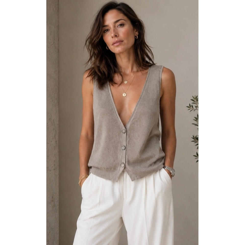 Schumacher Silk Cashmere Knit Vest Taupe V-Neck Button Front Top Small